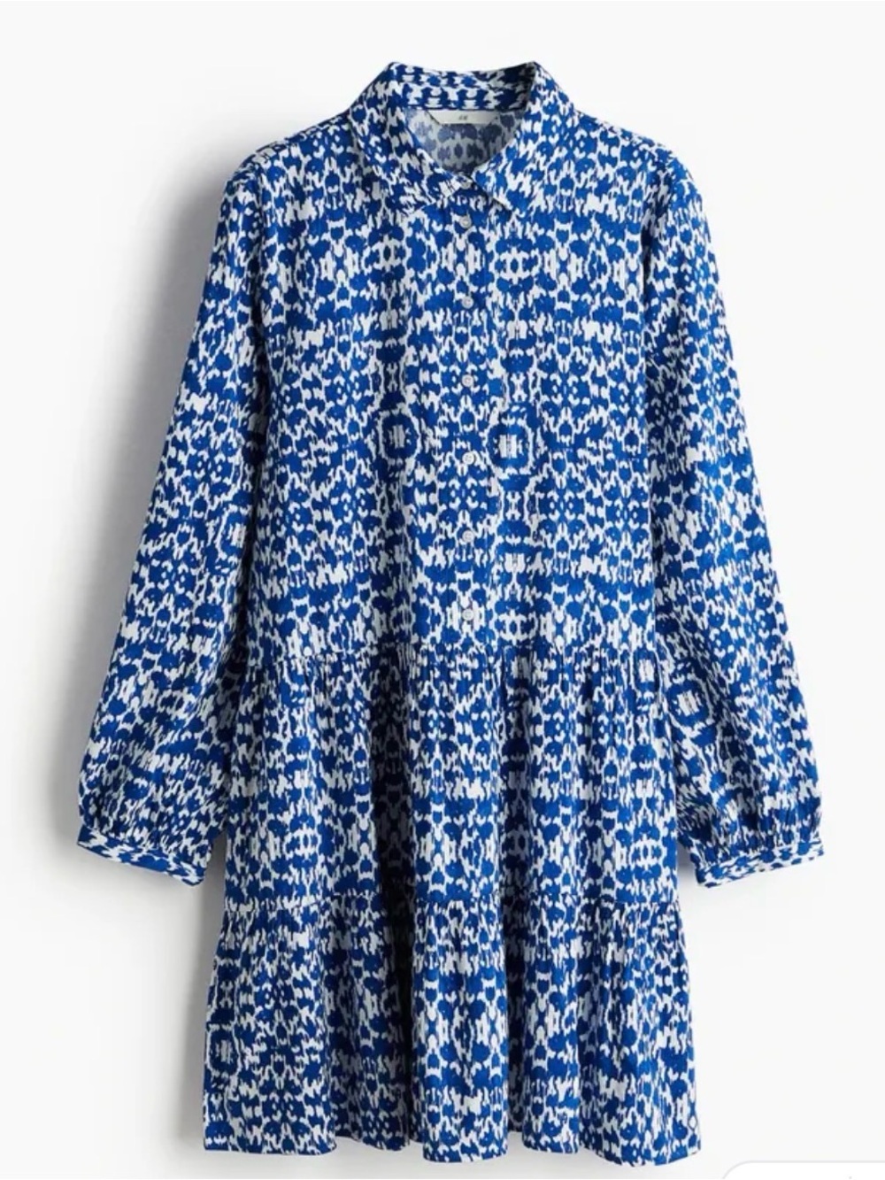 H&M Blue and White ikat patterned Long Sleeve Shirt Dress size medium